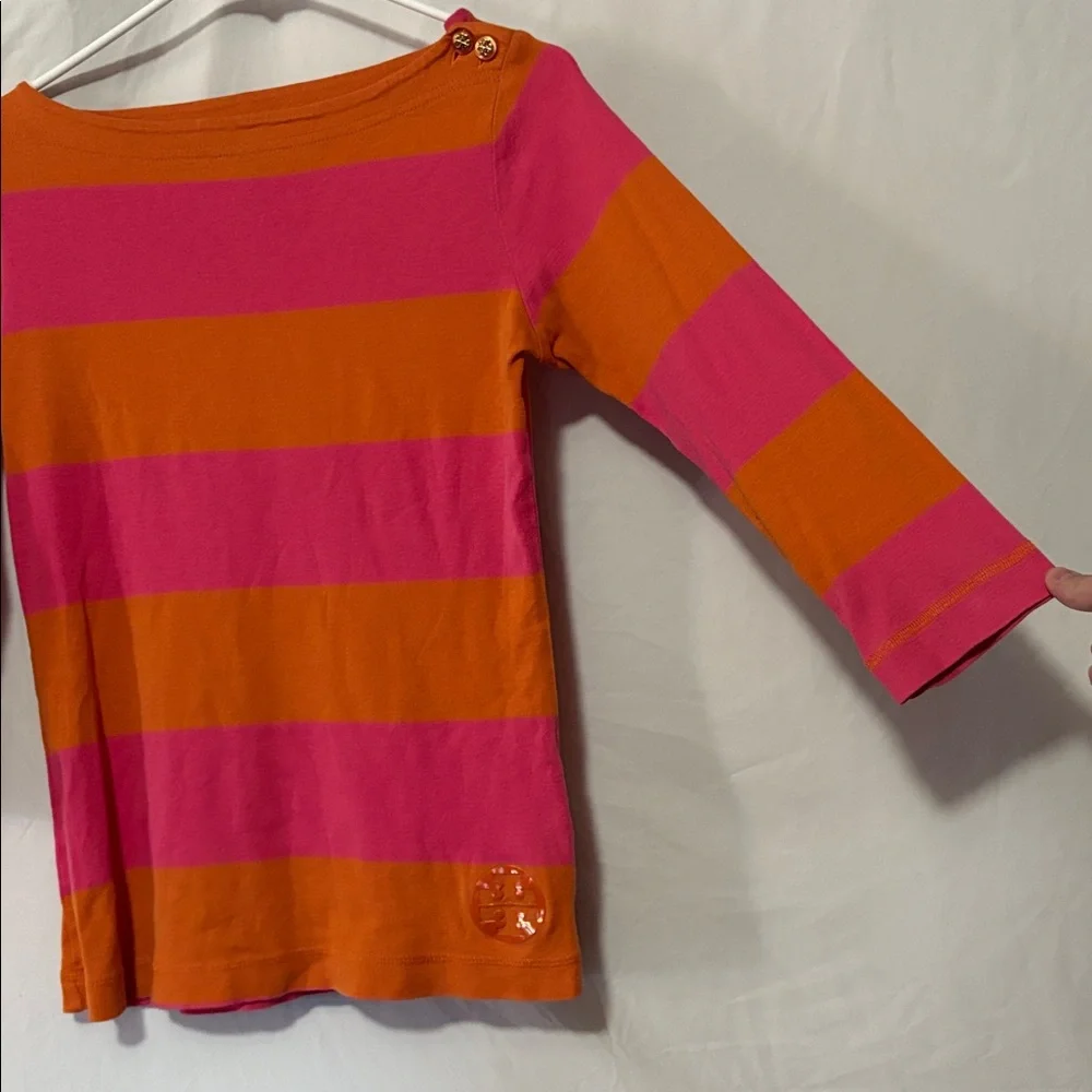 Tory Burch Wide Striped Pima Cotton Boatneck Top in Orange and Pink